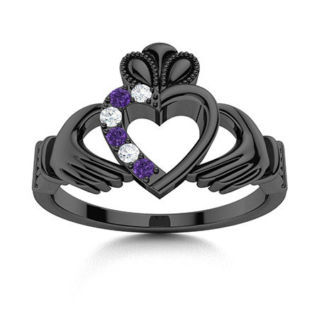 Amethyst Claddagh Rings Bands in Black Gold Diamondere