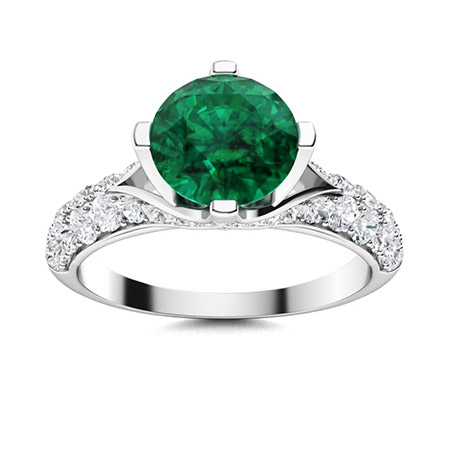 Alicia Ring with Round Emerald, SI Diamond | 1.82 carats Round Emerald  Sidestone Ring in 14k White Gold | Diamondere
