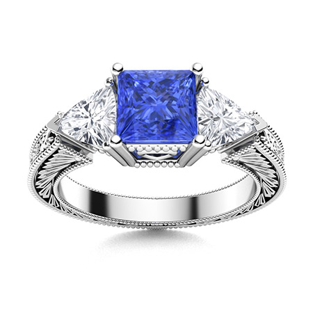 Princess 2ct Sapphire Emerald Cut 10K White Gold Three Stone Proposal Ring:Jian  London:10K Gold Rings