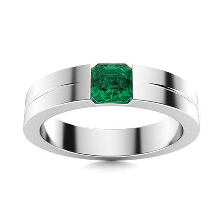 Emerald and Diamond Three Stone Ring in Platinum – María José Jewelry