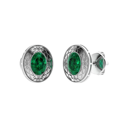 18K White Gold Oval Halo Emerald and Diamond Earrings (6.0x4.0mm)